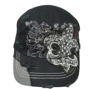 Leader Army Cap Black One Size Fleur de Lis Rhinestone Distressed Lion Studs Hat